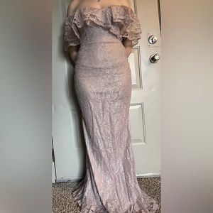 Floor Length Off the Shoulder Lace Gown - Blush